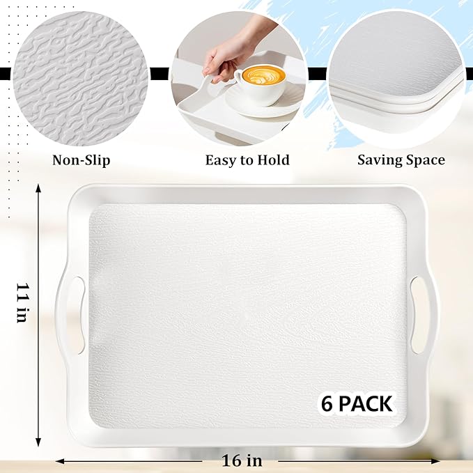 Kathfly 6 Pcs White Serving Trays with Handles Trays for Eating 16 x 11 Inch Multi Purpose Plastic Tray Rectangular Anti Skid Decorative Food Tray for Restaurant Breakfast Countertop Party Kitchen