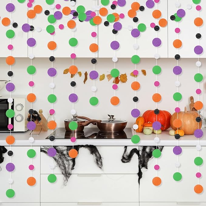 Outus 5 Pieces Orange,Black,Purple,Green,White Round Dots Garland Graduation Party Hanging Decor Each Length 13.1ft Glitter Paper Dot Streamers for Birthday Wedding Classroom Supplies