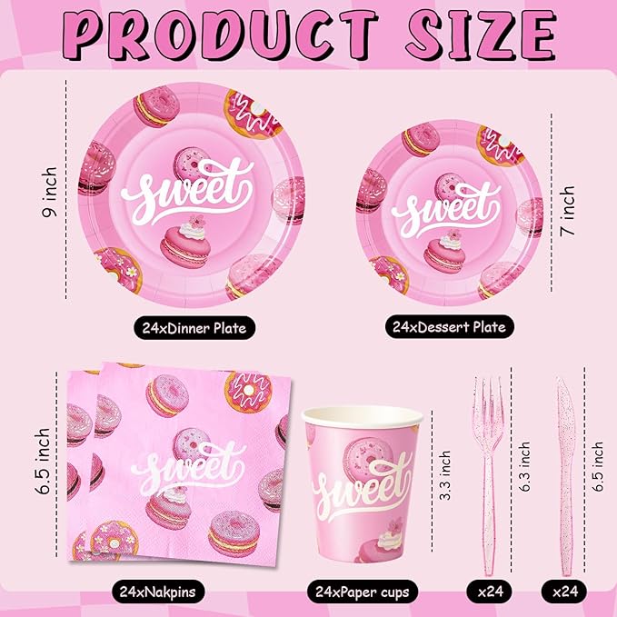144Pcs Pink Donut Birthday Party Supplies Decorations Sweet Themed Paper Plates Napkins Vintage Party Tableware Disposable Dinnerware for Girl Kid Birthday Baby Shower Table Decor, Serve 24