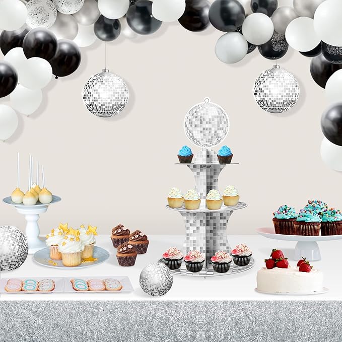 Haooryx Disco Cupcake Stand Decoration - 3-Tier Silver Glitter Disco Ball Cardboard Cupcake Stand Dessert Holder for Theme Birthday Party Decor Baby Shower Bachelorette Party Table Decor Supply