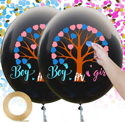 Gender Reveal Heart Sticker Tree Balloons, Black Baby Boy or Baby Girl Balloons, with Pink and Blue Heart Stickers and Confetti for Gender Reveal & Baby Shower
