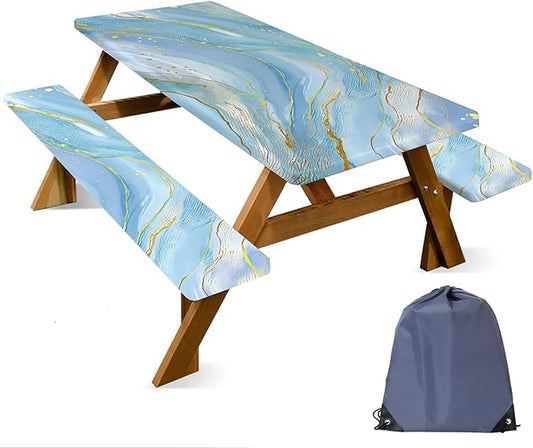 ANNA QUEEN 6FT Blue Marble Picnic Table Cover with Bench Covers Picnic Table Cover Set 3PCS 72"x30", Outdoor Bench and Tablecloth Furniture Protection