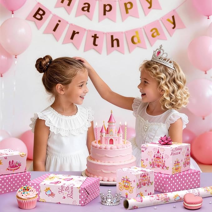 WERNNSAI Princess Castle Wrapping Paper - 1 roll 17”x33ft Happy Birthday Wrapping Paper Roll for Kids Girls Pink Carriage Castle Gift Wrap Roll Princess Theme Party Favor Polka Design