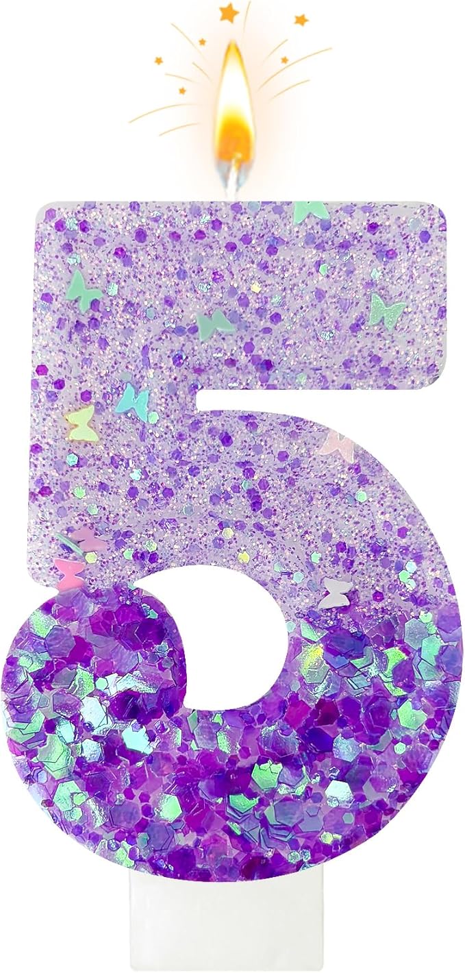 Purple Sequin Birthday Candles, Cake Number Candles, Girls 0th Birthday Decorations, Suitable for Birthday Parties, Anniversary Party Decorations(5)