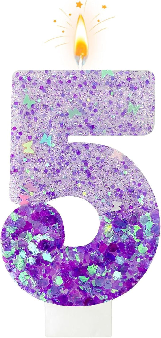 Purple Sequin Birthday Candles, Cake Number Candles, Girls 0th Birthday Decorations, Suitable for Birthday Parties, Anniversary Party Decorations(5)