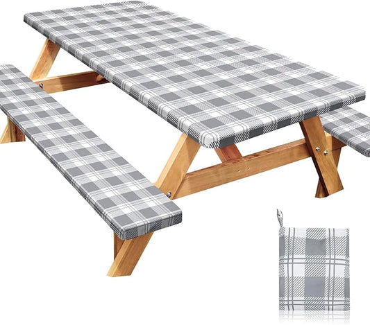 Picnic Table Cover with Bench Covers Windproof Waterproof Picnic Table Covers Camping Tablecloth with Self-Storage Bag, 72in, Light Grey