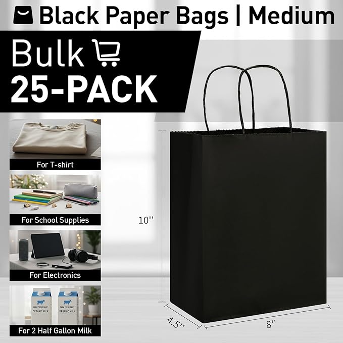SUNCOLOR 25-Pack Black Gift Bags with Handles – 8"x4.5"x10" Medium Goodie Bags for Party Favors, Retail, Halloween & Weddings