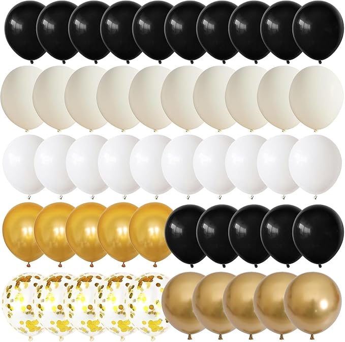 Dagelar Black Gold Beige Balloons, 60PCS Black Gold White Sand Balloons Party Balloon with Metallic Gold Confetti Party Balloon for Graduation, Weddings, Birthday, New Year Decorations