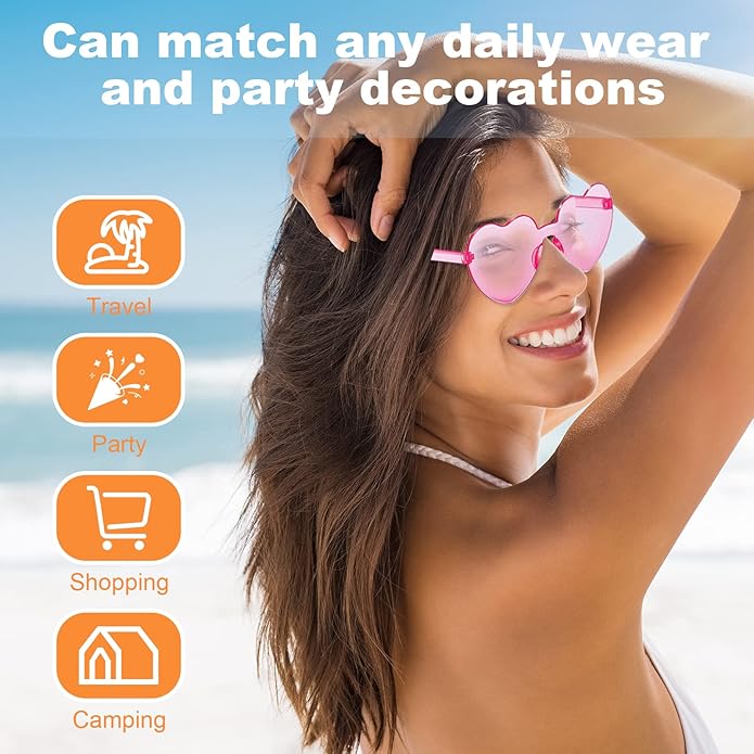 REHALY Valentine's Day Gifts - 16pcs Heart Shaped Rimless Sunglasses in Colorful Pink and Blue
