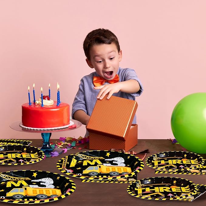 96 Pcs Construction 3rd Birthday Party Supplies 350 GSM Construction Plates Napkins Forks Tableware Set Excavator 3rd Birthday Decorations for Boys Dump Truck Theme 3 Year Old birthday Decor Serves 24