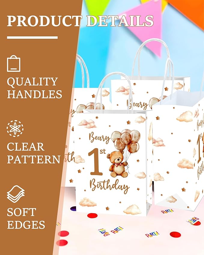 Roselush 16 Pcs Beary 1st Birthday Goodie Bag,Teddy Bear 1st Birthday Gift Snacks Treat Candy Party Favors Bags for Kids First Bday Party Decorations Supplies