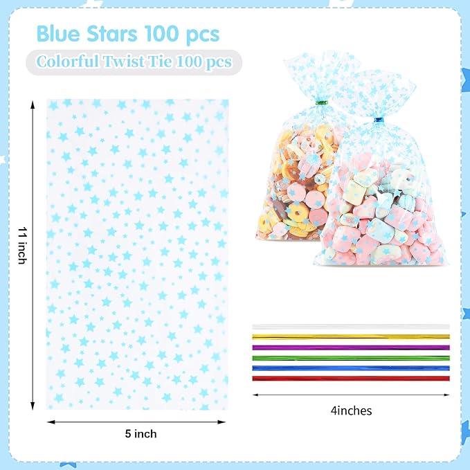 100Pcs Cellophane Treat Bags,5 X 11 Inches Blue Star Clear Cellophane Bags,for Gift Wrapping,Packaging Candies,Dessert,Bakery, Cookies, Chocolate,Party Party Decorations