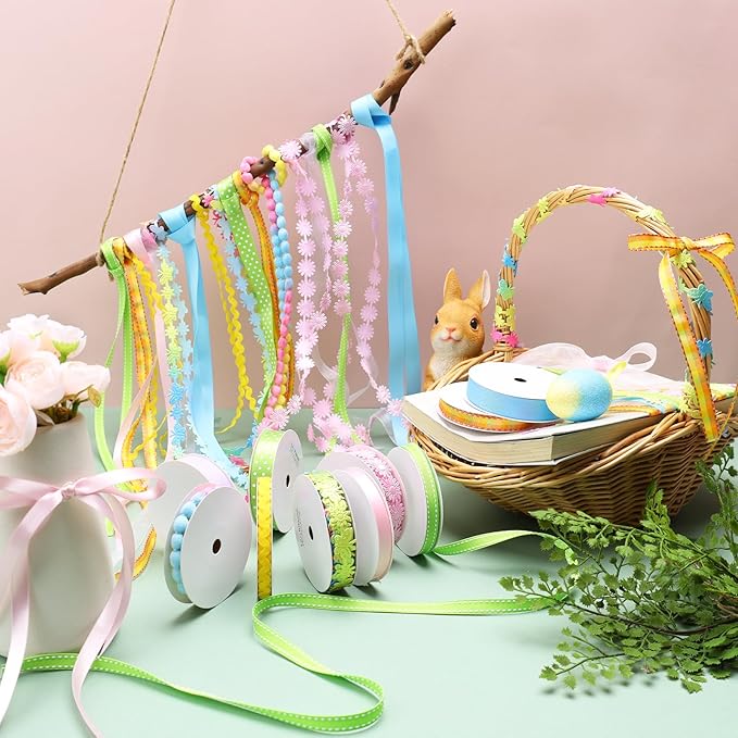 LaRibbons Spring Ribbon Set, Pastel Easter Craft Ribbons with Floral, Polka Dot & Gingham, Ideal for Gift Wrapping, Hair Bows, Spring Decor, DIY Crafts 46 Yards
