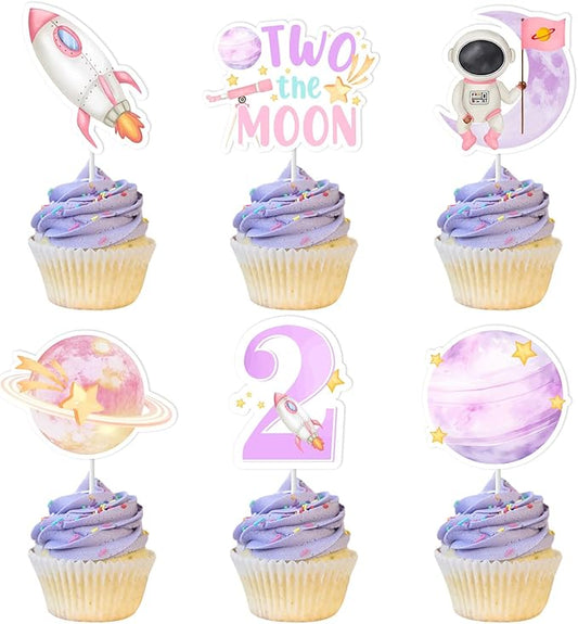 Jollyboom Two The Moon Birthday Decorations, 36pcs Outer Space 2nd Birthday Party Decoration Cupcake Toppers Pink Planet Rocket for 2 Year Old Girl Galaxy Solar System Bday Party