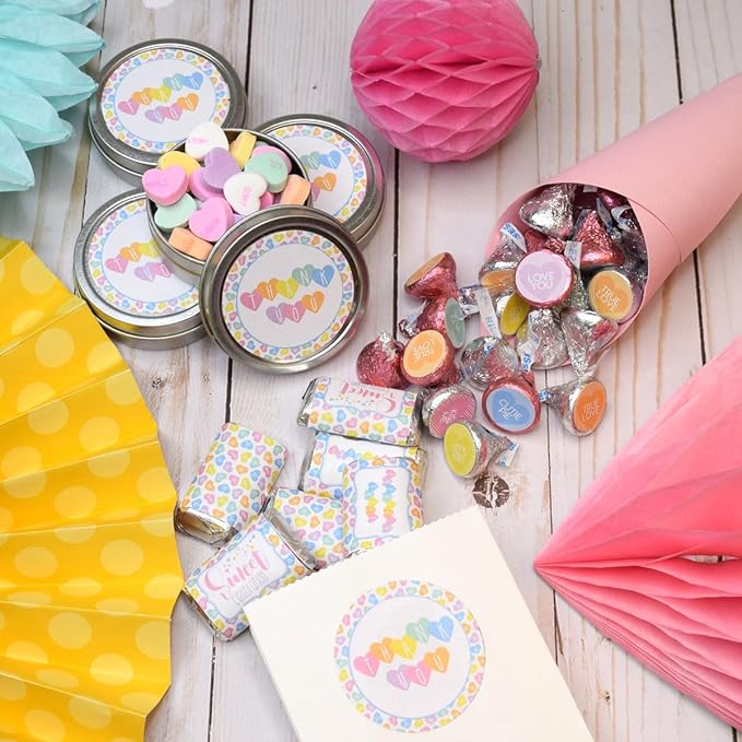 Amanda Creation Valentine Pastel Candy Heart Birthday Party Sticker Bundle Kit - 429 pieces! Includes 2" Circle Stickers for Favors, Mini Candy Bar Wrappers & Round Candy Kiss Stickers