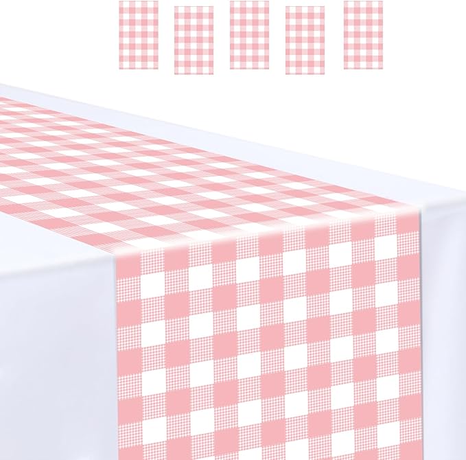 6 Pcs Light Pink and White Checkered Table Runner Plastic 14 x 108 Disposable Baby Pink Gingham Table Runner for Birthday Wedding Baby Shower Party Table Centerpiece Decorations