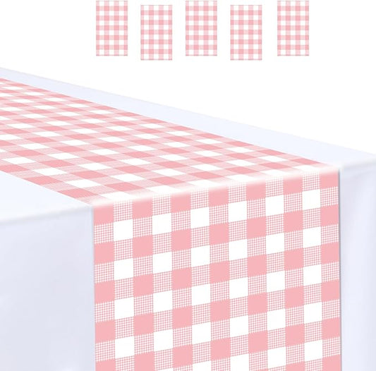 6 Pcs Light Pink and White Checkered Table Runner Plastic 14 x 108 Disposable Baby Pink Gingham Table Runner for Birthday Wedding Baby Shower Party Table Centerpiece Decorations