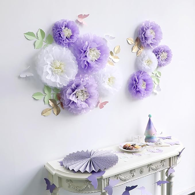 Fonder Mols Tissue Paper Chrysanth Flowers with Butterfly and Olive Leaves for Wedding Baby Shower Nursery Room Parties & Events Decorations Pom Poms (Purple White)