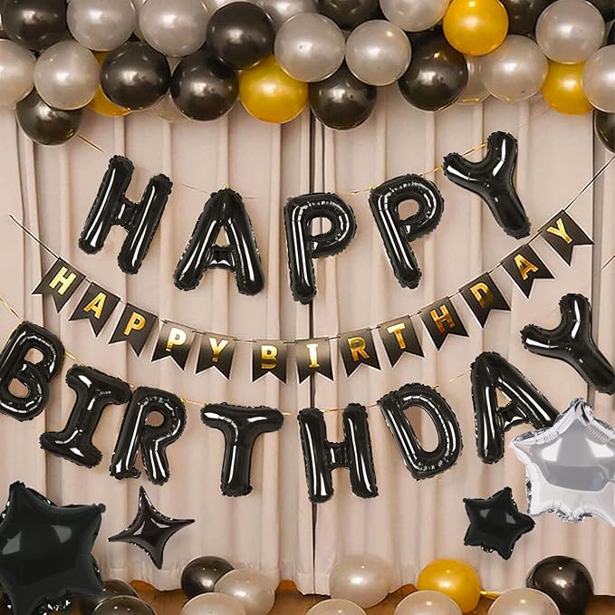 CANREVEL Happy Birthday Banner 13pcs 16 Inch Mylar Foil Letters with 12pcs Star Balloons Birthday Party Decorations - 3D Black