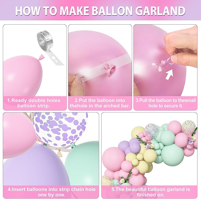 Amandir 153pcs Pastel Balloons Garland Arch Kit, Different Sizes 18 12 10 5inch Pastel Pink Yellow Green Purple Confetti Balloons for Bunny Hunt Spring Baby Shower Birthday Party Decorations