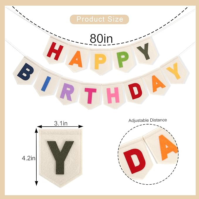Colorful Happy Birthday Banner - Rainbow Birthday Party Decorations,Bohemian Felt Happy Banner,Colorful Felt Garland Photo Backdrop,Boho Rainbow Party Wall Hanging Decorations