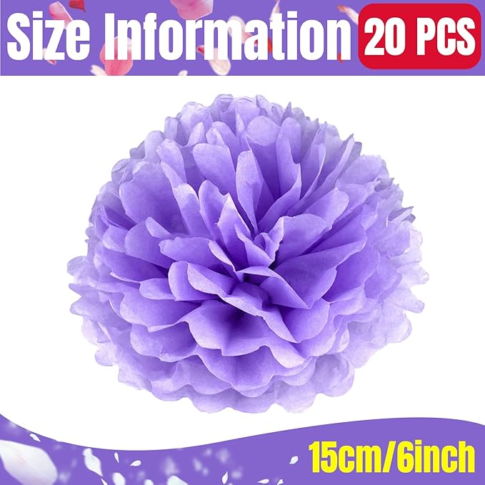 Qimoo 20pcs Light Purple Paper Pom Poms Decorations, DIY Decorative Tissue Paper Pom-poms Flowers Ball for Party Wedding Outdoor Decoration