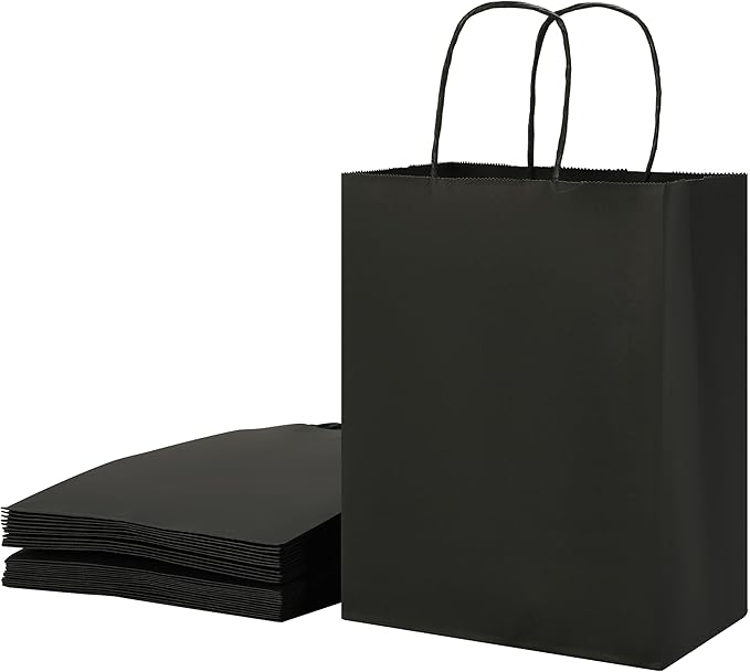 SUNCOLOR 25-Pack Black Gift Bags with Handles – 8"x4.5"x10" Medium Goodie Bags for Party Favors, Retail, Halloween & Weddings
