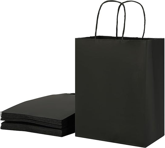 SUNCOLOR 25-Pack Black Gift Bags with Handles – 8"x4.5"x10" Medium Goodie Bags for Party Favors, Retail, Halloween & Weddings