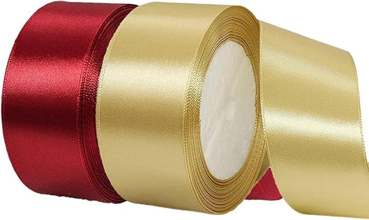 Gold Christmas Ribbon, Gold Burgundy Satin Ribbon 1-1/2 Inch 50 Yards Fabric Ribbons for Christmas Party Decorations, Gift Wrapping, Tree Ornaments, Bouquets, Door Wreaths, Bows Making and DIY Crafts