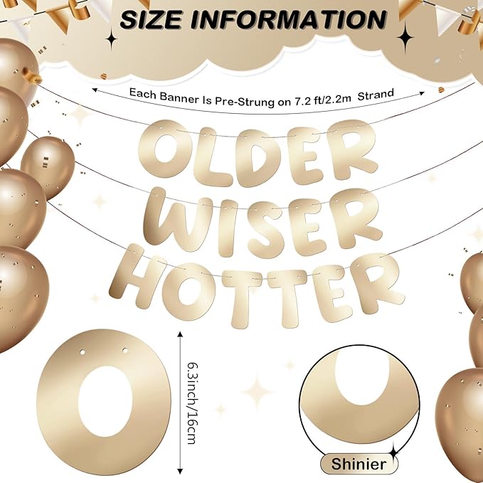 Fulmoon Set of 3 Pre Strung Older Wiser Hotter Glitter Banner Funny Birthday Banner for Women 30th 40th 50th 60th 70th 80th Birthday Party Decorations Sign Gift(Shiny Champagne Gold)