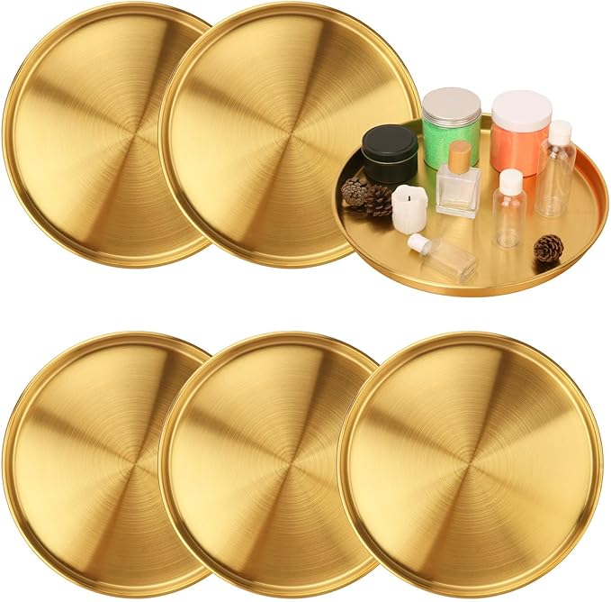 6 Pcs 12 Inch Gold Round Serving Tray, Stainless Steel Decorative Table Trays, Brushed Brass Finish, Multi-Functional for Home, Kitchen, and Vanity