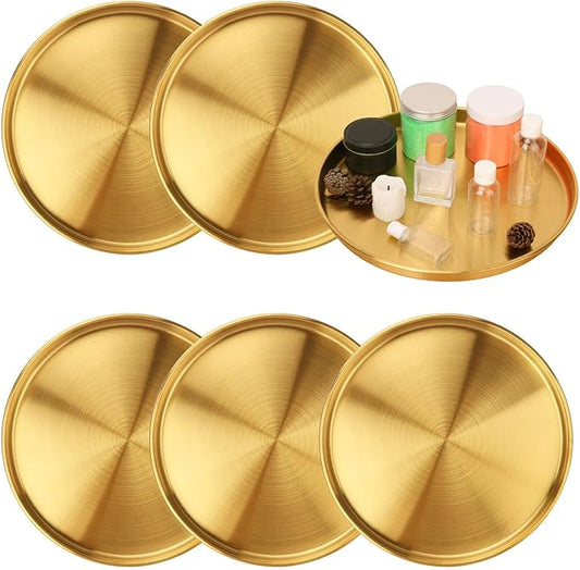 6 Pcs 12 Inch Gold Round Serving Tray, Stainless Steel Decorative Table Trays, Brushed Brass Finish, Multi-Functional for Home, Kitchen, and Vanity