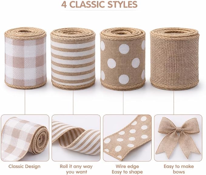 4 Rolls Farmhouse Wired Ribbon Set, 20 Yards Rustic Welcome Stripe Dot Buffalo Plaid Ribbon for Wreaths, Gift Wrapping, Floral Bows, DIY Crafts, Summer Home Decor (Gray)