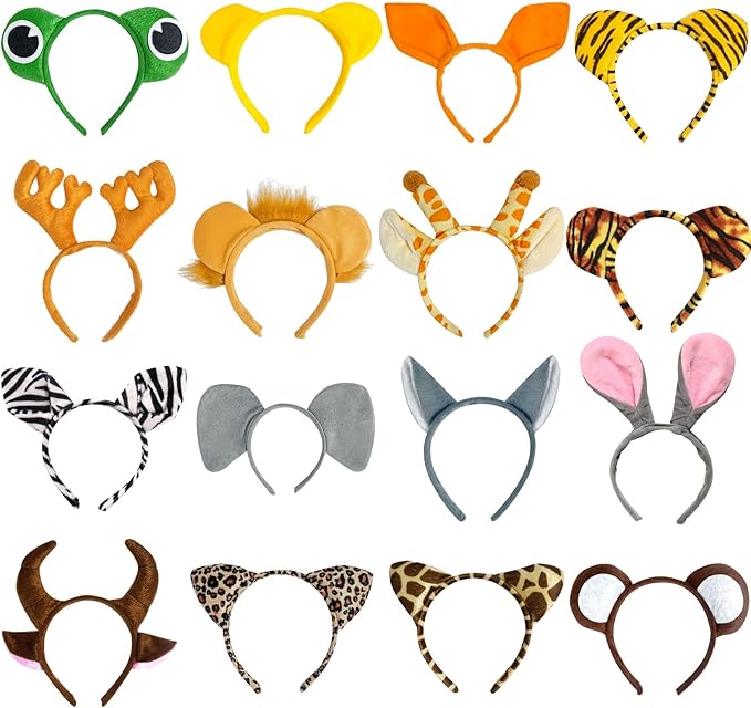 16Pcs Jungle Animal Ears Headbands as Safari Party Favors Wild One Birthday Decorations Plush Animal Headpiece for Kids Adults