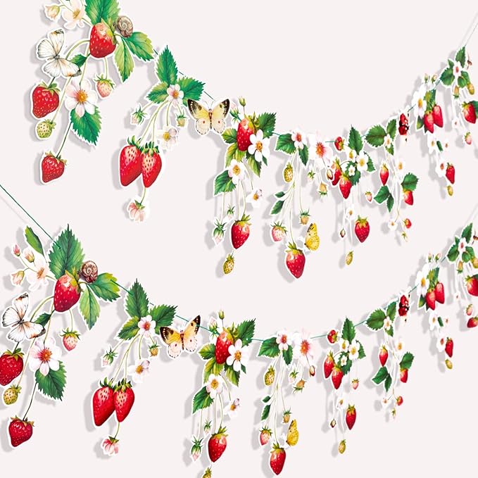 Strawberry Garland Banner Berry First Birthday Decor Strawberry Wildflower for Spring Enchanted Garden Party Strawberry Theme Birthday Decoration for Girl Sweet Baby Shower Spring Garden Tea Party(8.2ft)