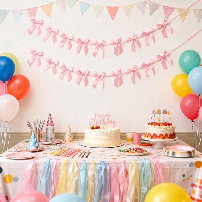 2pcs Pink Bow Garland Banner - 8.3 Feet Coquette Ribbon Bow Party Decorations for Baby Shower Girls, Birthday Party, Bridal Shower Decor (Pink)