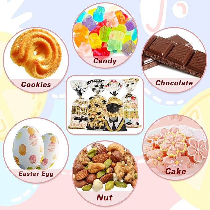 Leislam Graduation Treat Bags, Graduation Cellophane Treat Bags, 200 PCS Graduation Gift Bags, Graduation Cello Candy Cookie Bags with 200 Pcs Gold Ties for Graduation Party Favors Supplies, 4 Styles