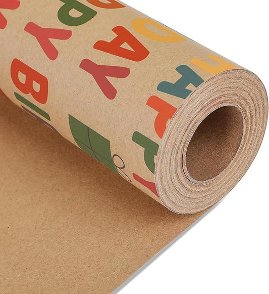 NESCCI Birthday Wrapping Paper,Gift Wrapping Paper Roll,Kraft Wrapping Paper-17 inch X 32.8 Feet Per roll,Colorful Happy Birthday Pattern For Boys Girls, Perfect For Birthdays Party, Baby Shower
