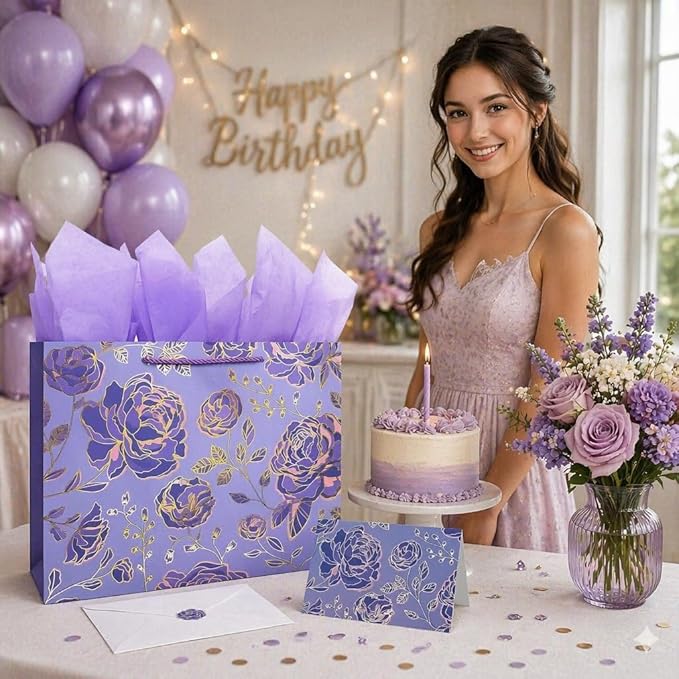 Oletx 13" Gold Purple Flower Paper Gift Bags,Happy Birthday Gift Bags with Tissue Paper Greeting Card for Women's Birthday Party, Wedding Anniversaries,Mother's Day,Valentine's Day