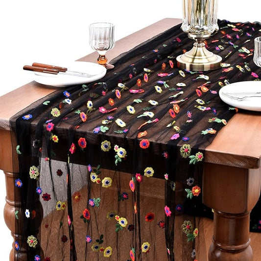 Joanlody 3pcs Black Embroidery Daisy Spring Summer Table Runner 10ft Florals Seasonal Easter Tulle Table Runner Holiday Kitchen Dining Table Decoration for Home Party Indoor