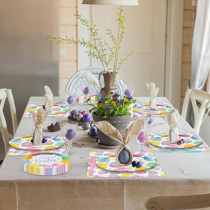 96 Pieces Easter Tableware Set Party Supplies - Happy Easter Colorful Eggs Pattern Disposable Paper Plates, Napkins, Forks Dinnerware for Spring Celebrations, Picnics, Serves 24 Guests