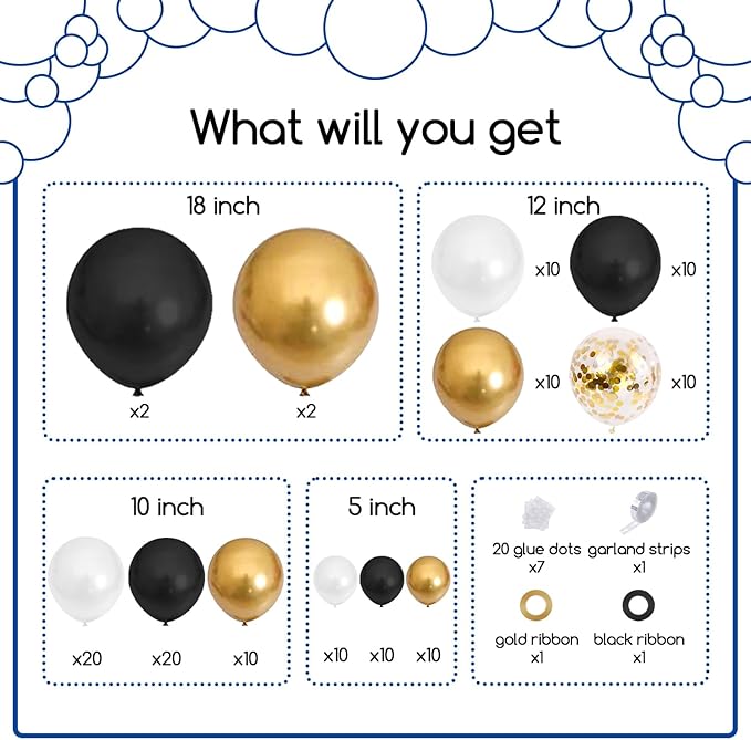 COKAOBE Black and Gold Balloon Garland Arch Kit, 124pcs Black White Metallic Gold Confetti Latex Balloons for New Year Graduation Birthday Anniversary Wedding Engagements Retirement Party Decorations