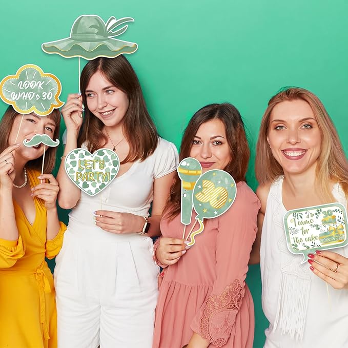 30th Birthday Photo Booth Props Signs,25pcs Sage Green and Gold Birthday Party Selfie Props with Sticks for Her Women,Dirty Thirty,Greenery Happy 30th 30 Birthday Party Decorations Supplies Favors