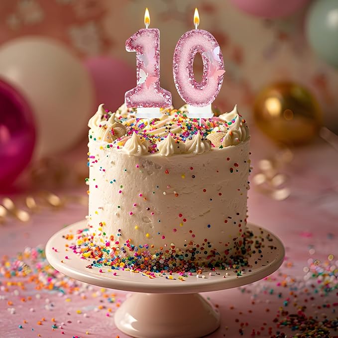 10th Birthday Candles, Glitter Butterfly Cake Toppers Pink Sequins Numeral Cupcake Decorations, Suitable for Girl and Boy Cakes, Party Celebrations, Birthday Decorations