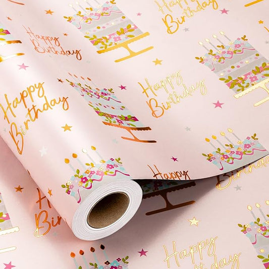 MAYPLUSS Birthday Cake Wrapping Paper Roll - 17 Inch X 33 Ft - Celebration Cake Design Paper Fun Candle Print w/Gold Shine Birthday Party Theme Gift Wrap Pastel for Wedding, Bridal Shower & Holiday
