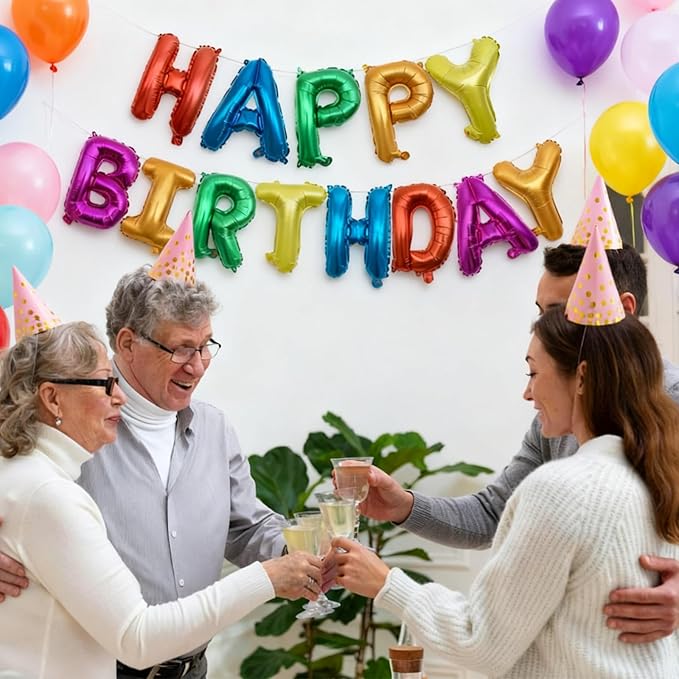 Rainbow Happy Birthday Letters Balloon Banner Kit,Usable Mylar Decorations for All Genders - Men/Women Party Supplies, Vibrant Happy Birthday Sign