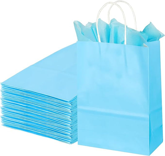 BLEWINDZ 32Pcs Small Paper Gift Bags with Tissues, Light Blue Party Favor Bags with Handles, 8.7" Goodie Bag for Birthday, Shopping, Party Supplies