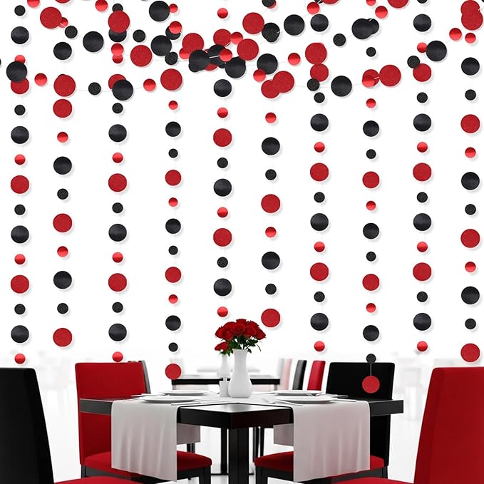 Outus 5 Pieces Black,Red Round Dots Garland Graduation Party Hanging Decor Each Length 13.1ft Glitter Paper Dot Streamers for Birthday Wedding Classroom Supplies