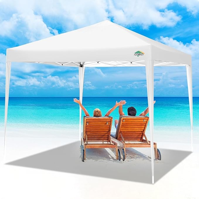 COBIZI 10x10 Ez Pop Up Canopy Tent, UPF 50+ Waterproof Outdoor Canopy, Instant Portable Camping Canopies Gazebo for Commercial Sun Shade Party Backyard with 4 Sandbags & Carry Bag(White)