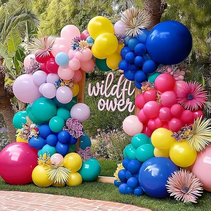 Hot Pink Blue Yellow Balloon Garland, Double Stuffed Royal Blue Teal Lavender Balloons Pastel Balloon Arch Kit for Tropical Hawaii Kid Magic Baby Shower Birthday Engagement Party Decorations